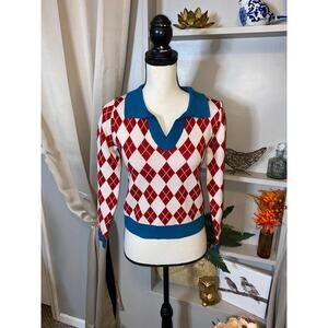 NWT Oscar Street size M/L Shorted Length Fun Sweater Top New White Red Blue/Teal